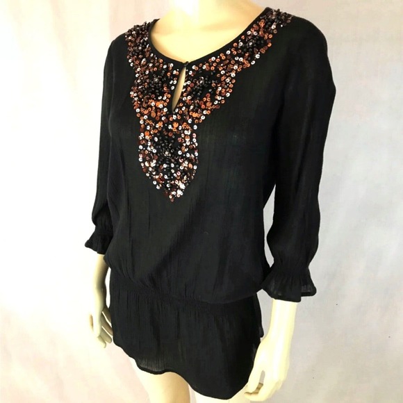 Chicos Top 3 (XL) Pullover Gauzy Sheer Black Elastic Waist Sequins Beaded Blouse - Picture 1 of 16